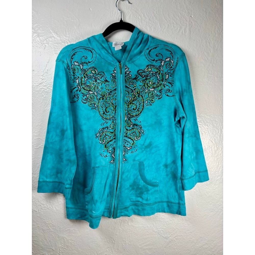 Zenergy Chicos Hoodie Womens L Turquoise Tie Dye Rhinestone Zip Up Athleisure